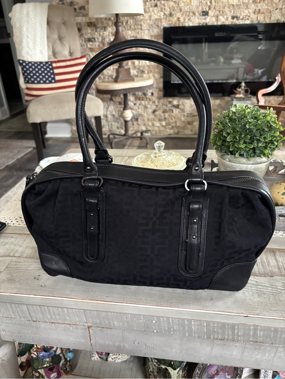 Calvin Klein Black Jacquard Logo Satchel with Dual Handles